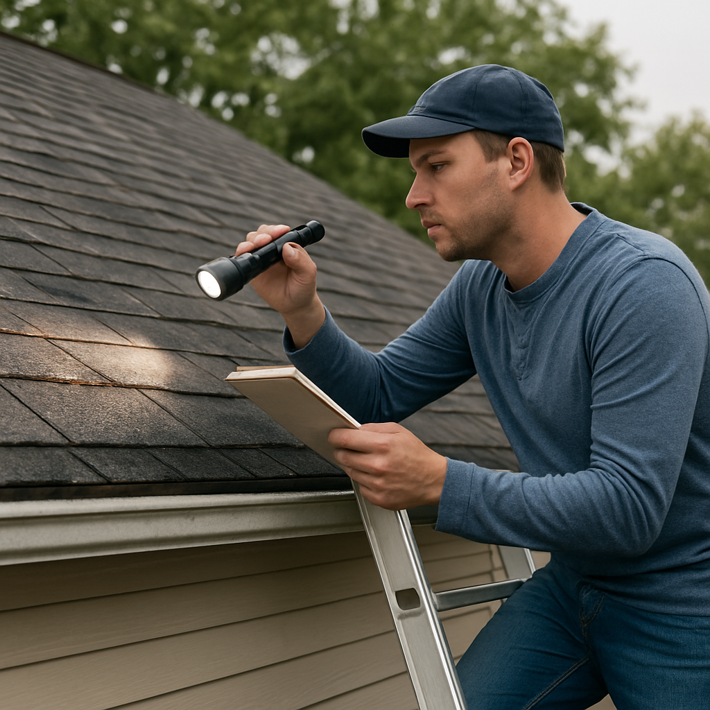 A homeowner standing on a ladder, inspecting a residential roof with a notebook and flashlight. Alt: homeowner assessing roof damage for roofing repairs