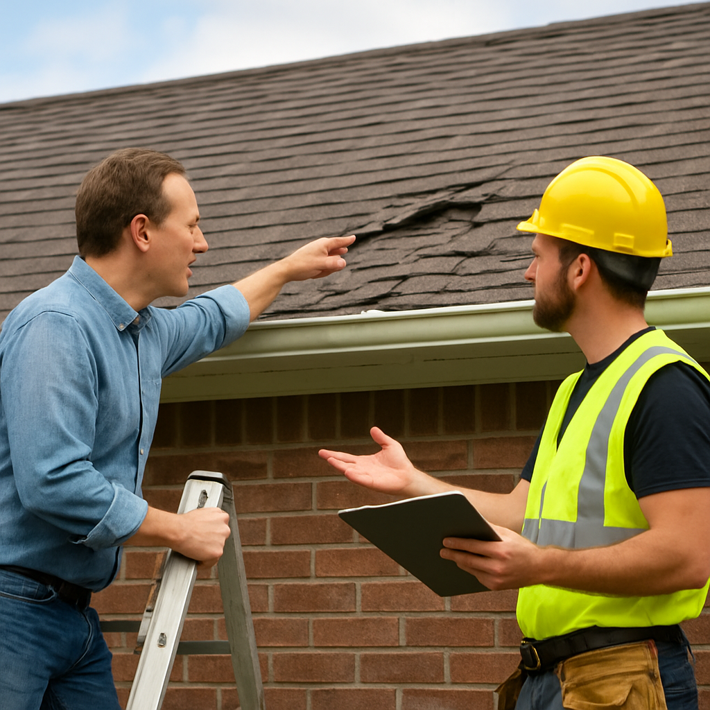 A homeowner standing on a ladder, pointing to a damaged roof area while a professional roofer in safety gear reviews the problem. Alt: homeowner consulting a roofing professional about roof repairs.