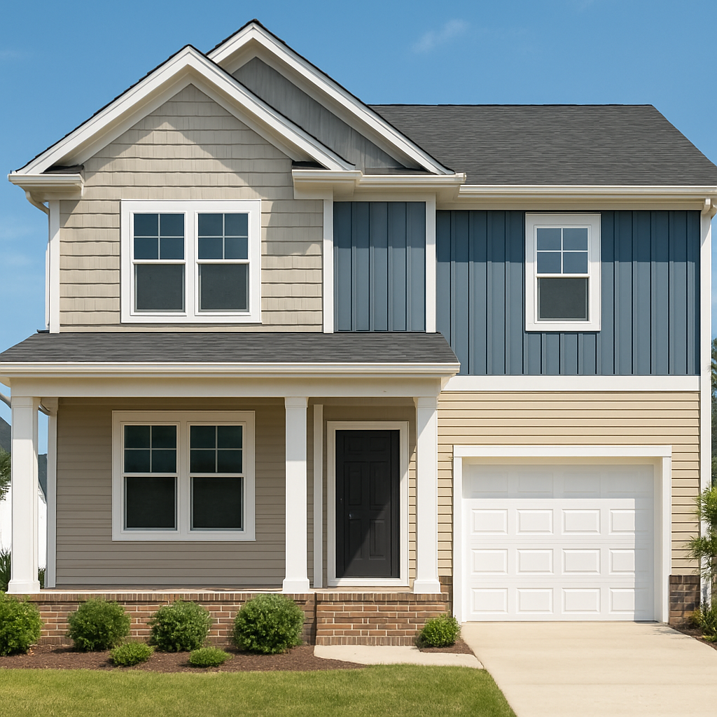 A sunny Virginia Beach home showing a mix of vinyl, fiber cement, and metal siding panels. Alt: Different siding materials displayed on a residential exterior, highlighting texture and color variations.