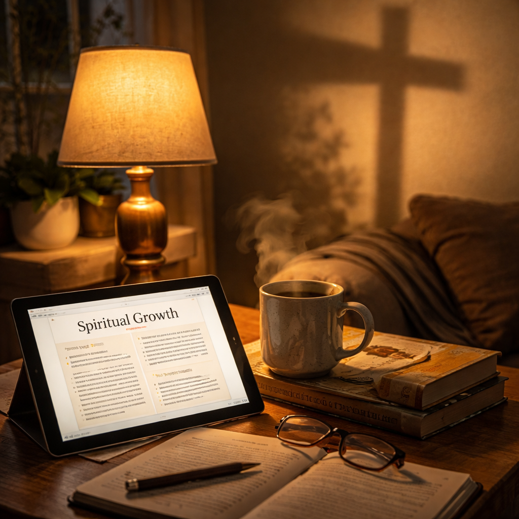 A cinematic scene of a cozy living room at dusk, a soft lamp casting warm light on an open tablet displaying a spiritual growth PDF, a steaming mug of tea beside it, and a gentle shadow of a cross on the wall. Alt: Spiritual growth books pdf reading nook ambience