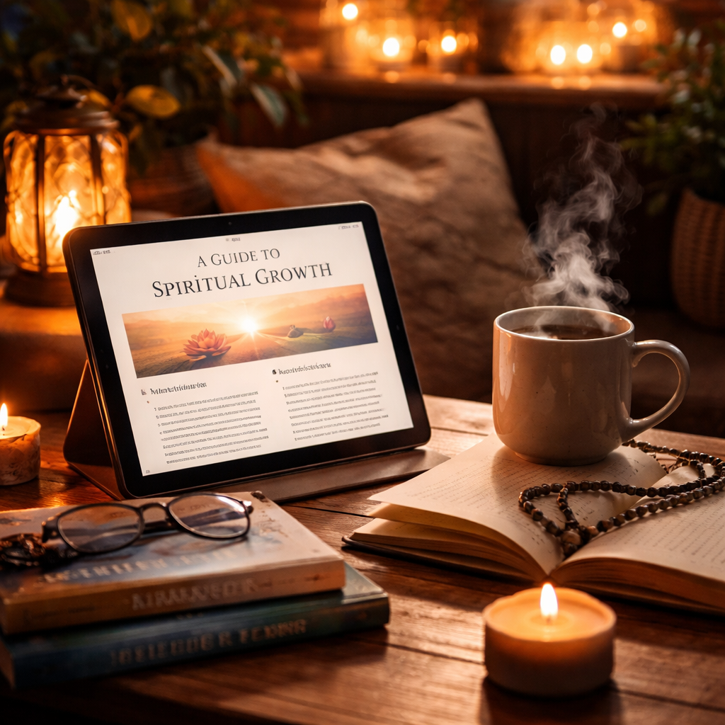 A cozy reading nook with a tablet showing a spiritual growth PDF, warm light, and a steaming mug, inviting calm and reflection. Alt: Spiritual growth books pdf reading nook.