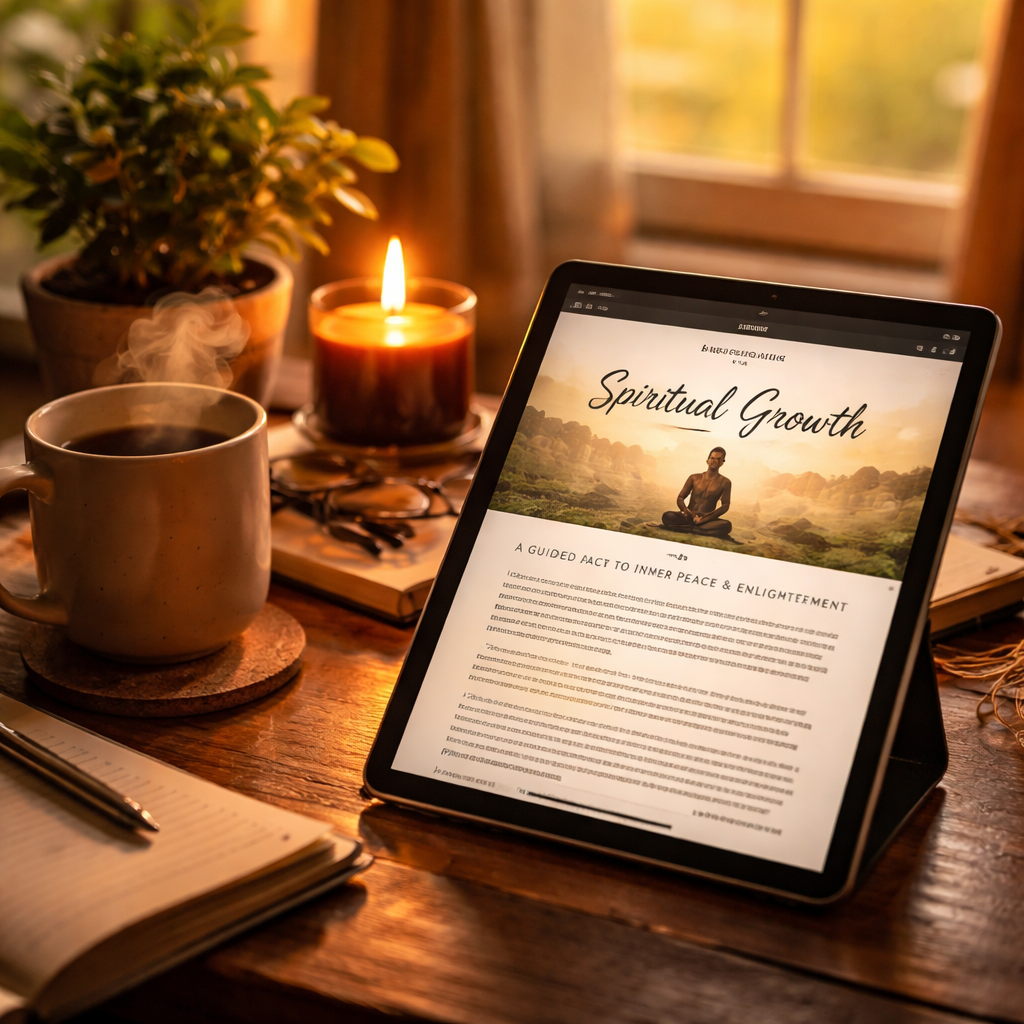 Cinematic close-up of a warm reading nook: a tablet open to a PDF titled 'Spiritual Growth' beside a lit candle, a steaming mug, and a small plant; golden-hour light pours in. Alt: Cinematic reading nook for spiritual growth books pdf