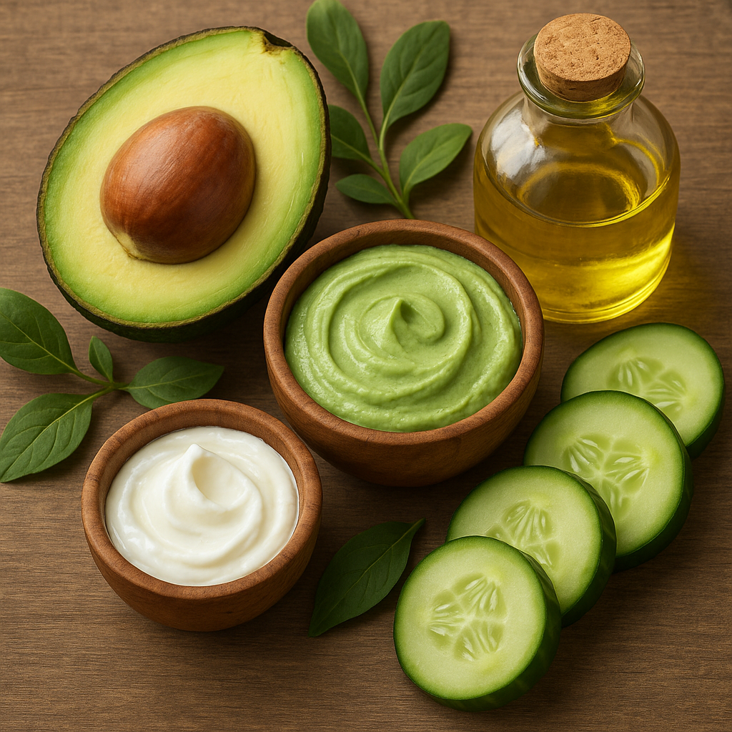 Close-up of natural plant ingredients used in vegan hydrating face masks for dry skin, showcasing purity and sustainability. Alt: Organic ingredients for vegan hydrating face mask for dry skin.