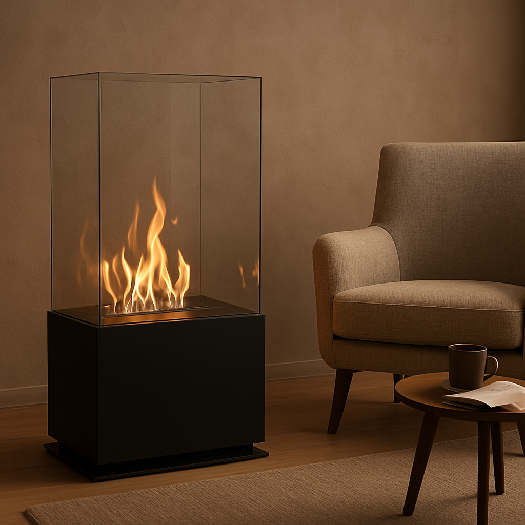 A modern freestanding ethanol fireplace placed beside a cozy armchair in a stylish living room, flames dancing inside a sleek glass enclosure. Alt: freistehender ethanol kamin wohnzimmer ambiance