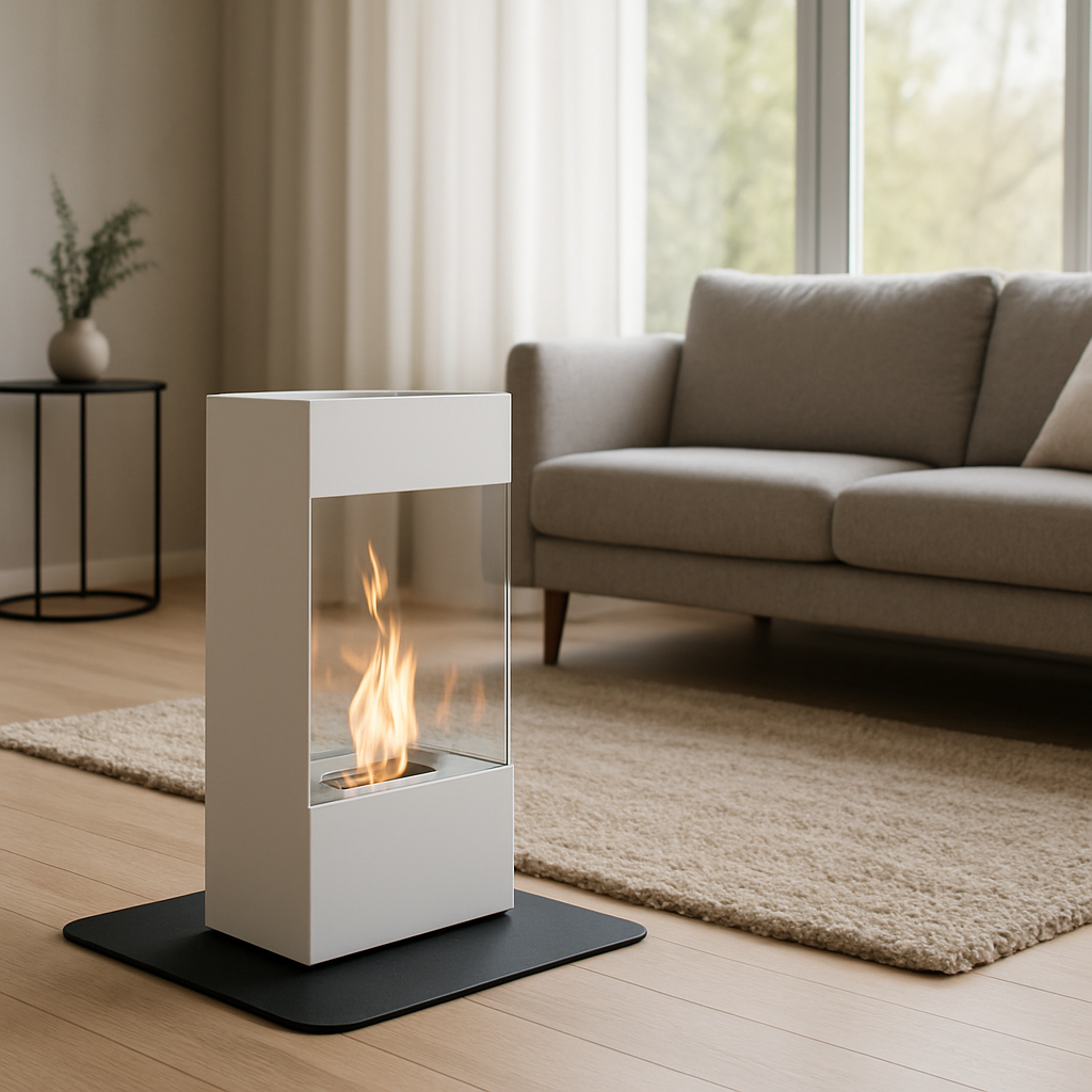 A modern living room with a freestanding white ethanol fireplace on a sleek silicone mat, a cozy rug, and large windows letting in soft daylight. Alt: ethanol kamin freistehend Preis-Leistungs-Vergleich