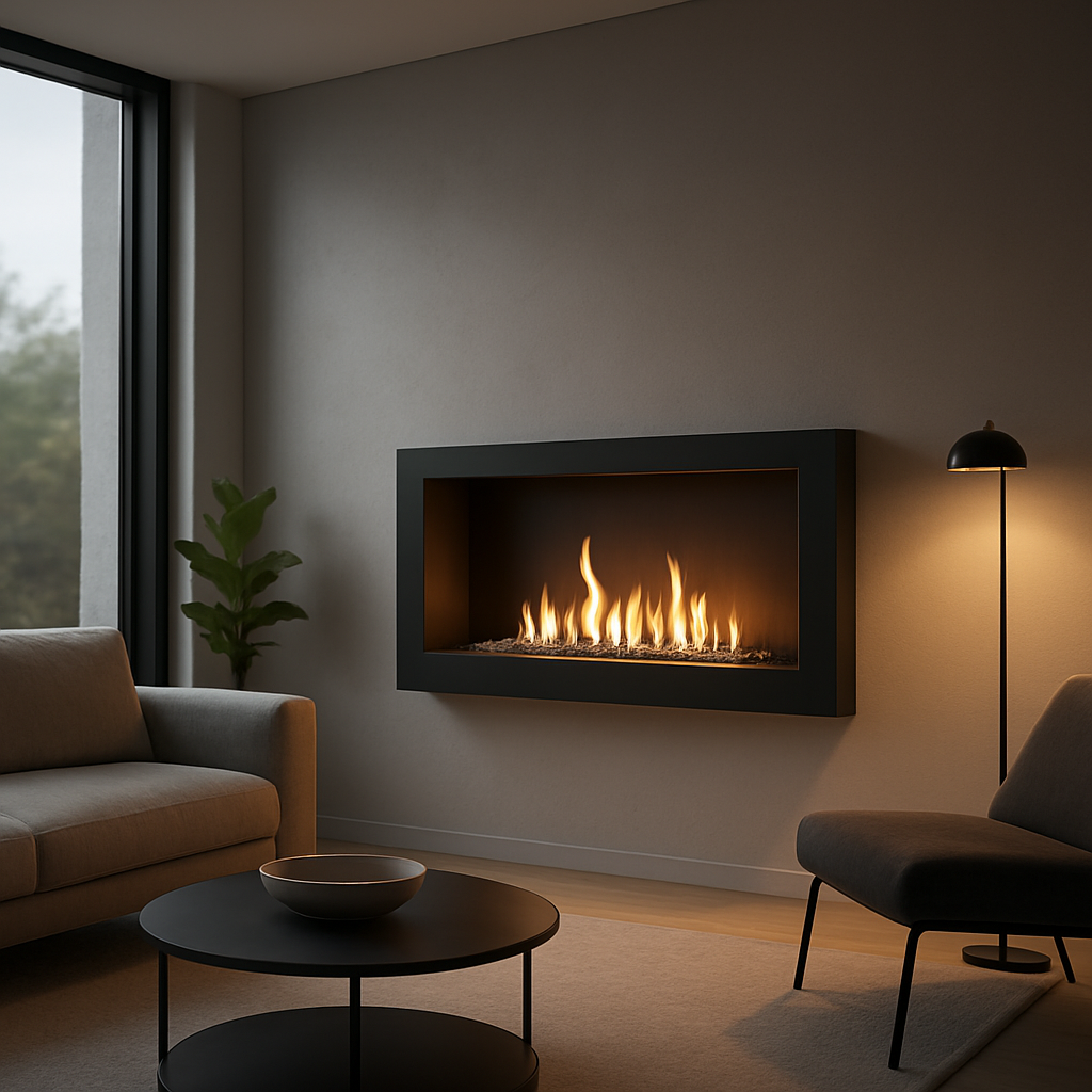 Ein modernes Wohnzimmer mit einem eleganten Wandkamin aus Bioethanol, flackernde Flammen, minimalistische Einrichtung, große Fenster, dezenter Lichtschein. Alt: ethanol kamin ohne schornstein Installation und Design