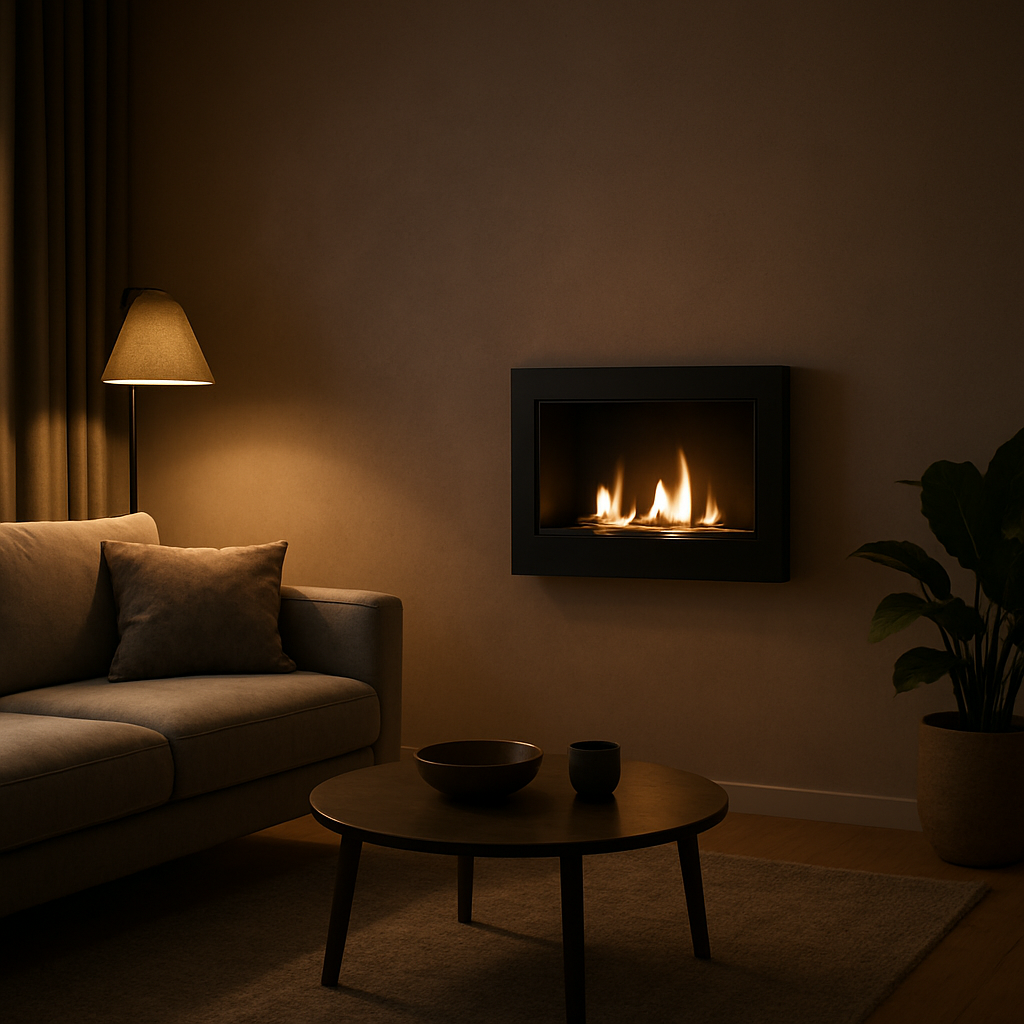 A modern living room with a sleek ethanol wall-mounted fireplace, soft ambient lighting, a comfortable sofa, and a subtle hint of flames casting gentle shadows. Alt: ethanol kamin ohne schornstein Installation und Aufstellung