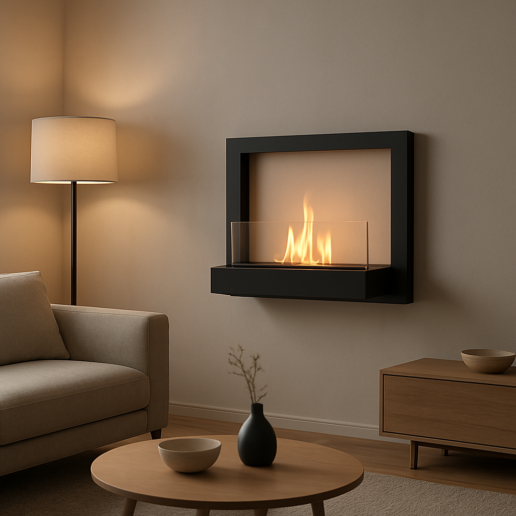 A modern living room with a sleek black metal wall mount holding a bio‑ethanol fireplace, soft ambient lighting, and a minimalistic décor. Alt: Minimalistische Metallhalterung für Ethanol Kamin Wand, eleganter Look