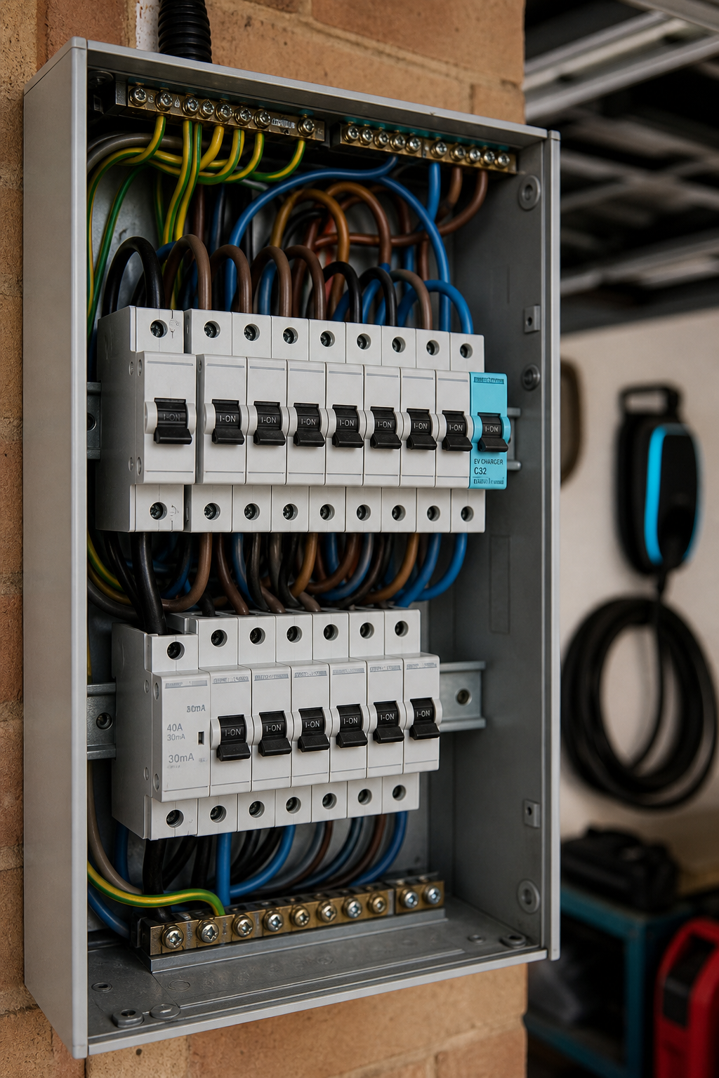 A close-up photo of an electrical panel with the cover removed, showing wires and circuit breakers, in a residential garage setting. Label for a possible upgrade. Alt: Home electrical panel with EV charger circuit breaker installed.