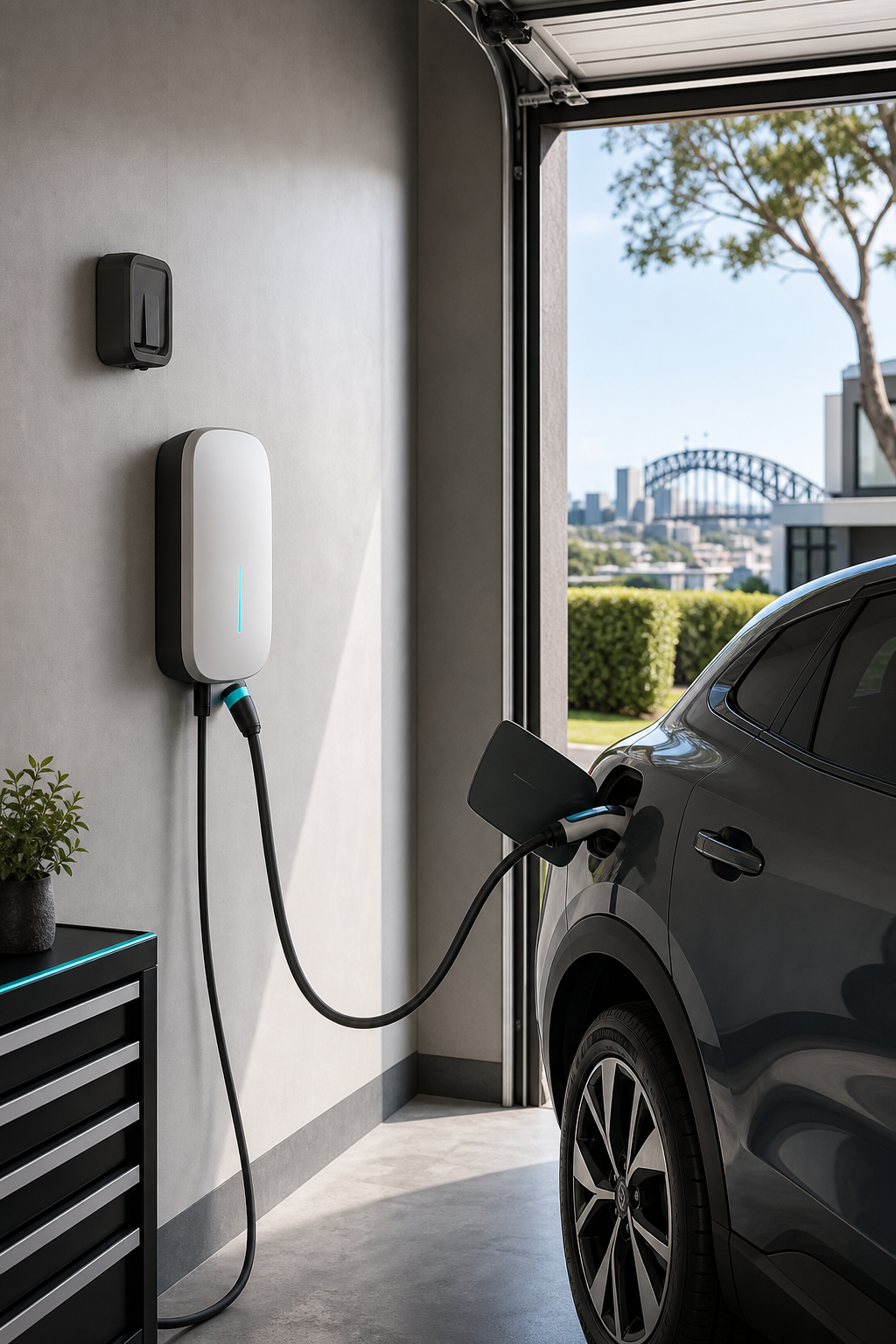 A wall-mounted EV charger on a garage wall, with a cable connected to a car, showing a typical residential installation. Alt: Modern EV wall charger installed in residential garage with electric vehicle plugged in.