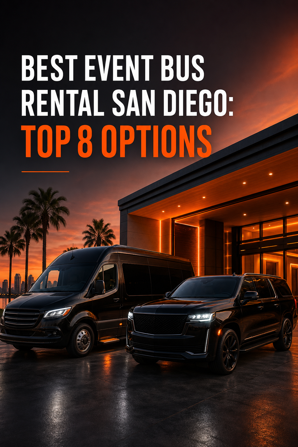 A sleek black Mercedes Sprinter van and luxury SUV parked outside a modern San Diego event venue at dusk, with warm orange accent lighting glowing from the entrance. Alt: XM Ride luxury Sprinter and SUV event bus rental in San Diego.