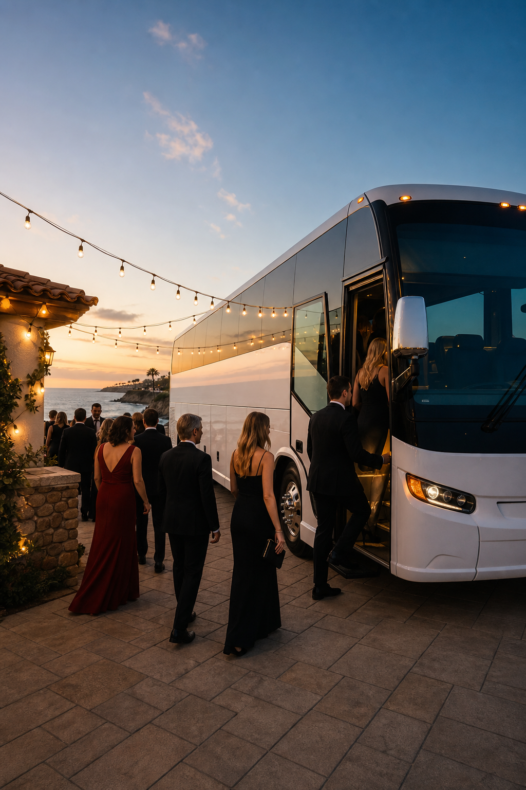 A full-size white charter coach parked outside a coastal San Diego wedding venue, guests in formal wear boarding under string lights. Alt: 56-passenger charter coach for San Diego weddings and large group event bus rental.