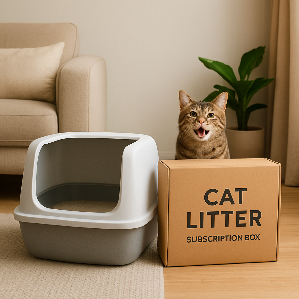 A cozy living room corner with a sleek cat litter box, a freshly delivered subscription box beside it, and a happy cat peeking over. Alt: Cat litter subscription service delivering fresh litter to a happy pet owner.