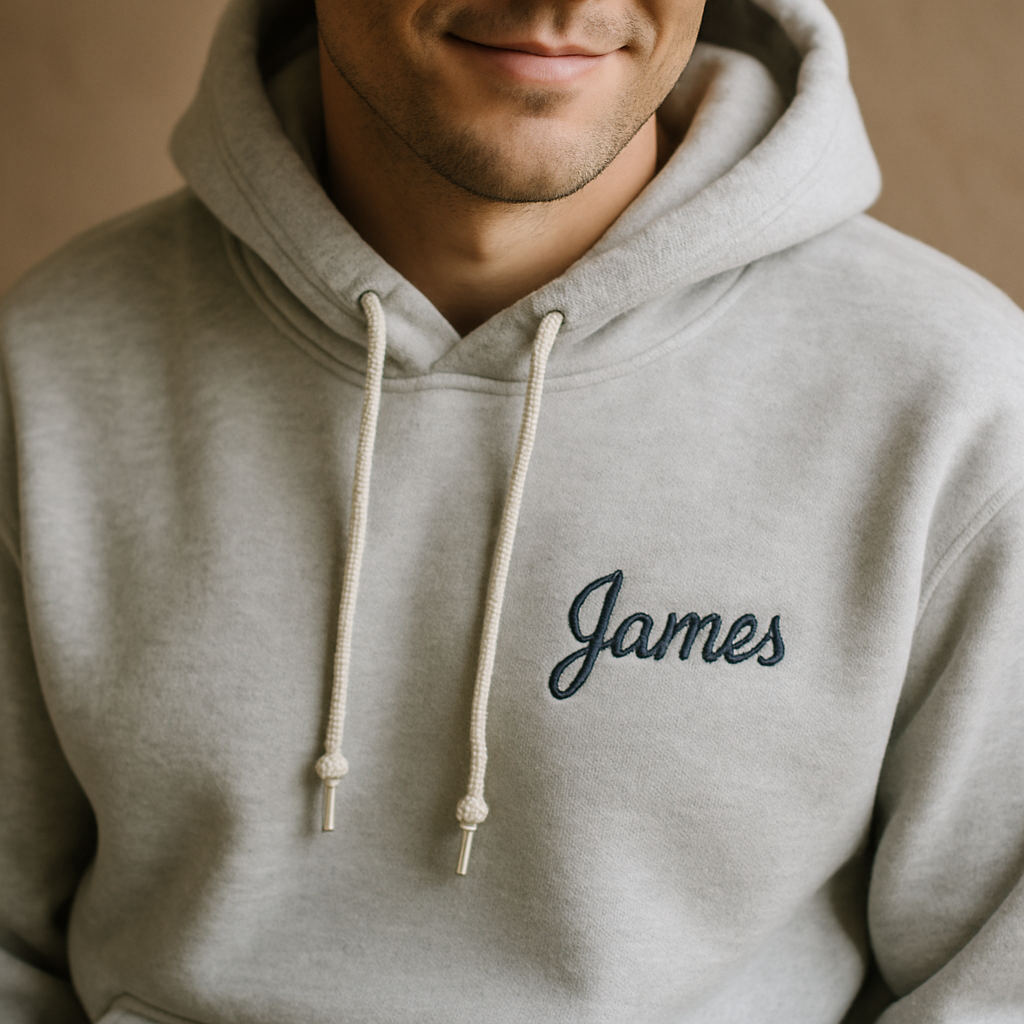 A cozy person wearing a soft cotton-poly blend hoodie with a clean, small personalized embroidered design on the chest. Alt: Personalized embroidered hoodie made with soft cotton-poly blend fabric.
