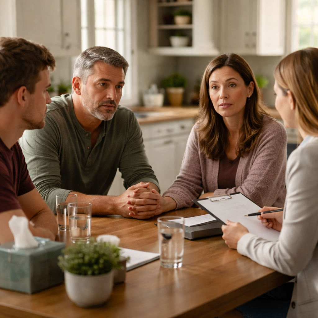 A photorealistic scene of an alcohol intervention specialist sitting at a kitchen table with a family, soft natural lighting, the specialist holding a clipboard and speaking calmly while family members listen attentively. Alt: Alcohol intervention specialist guiding a family through a safe intervention.