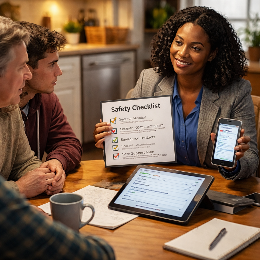 A photorealistic scene of an alcohol intervention specialist sitting at a kitchen table with a family, holding a laminated safety checklist, a tablet displaying encrypted notes, and a phone showing a crisis‑card, warm lighting, realistic details. Alt: Alcohol intervention specialist using tools and resources during a home assessment.