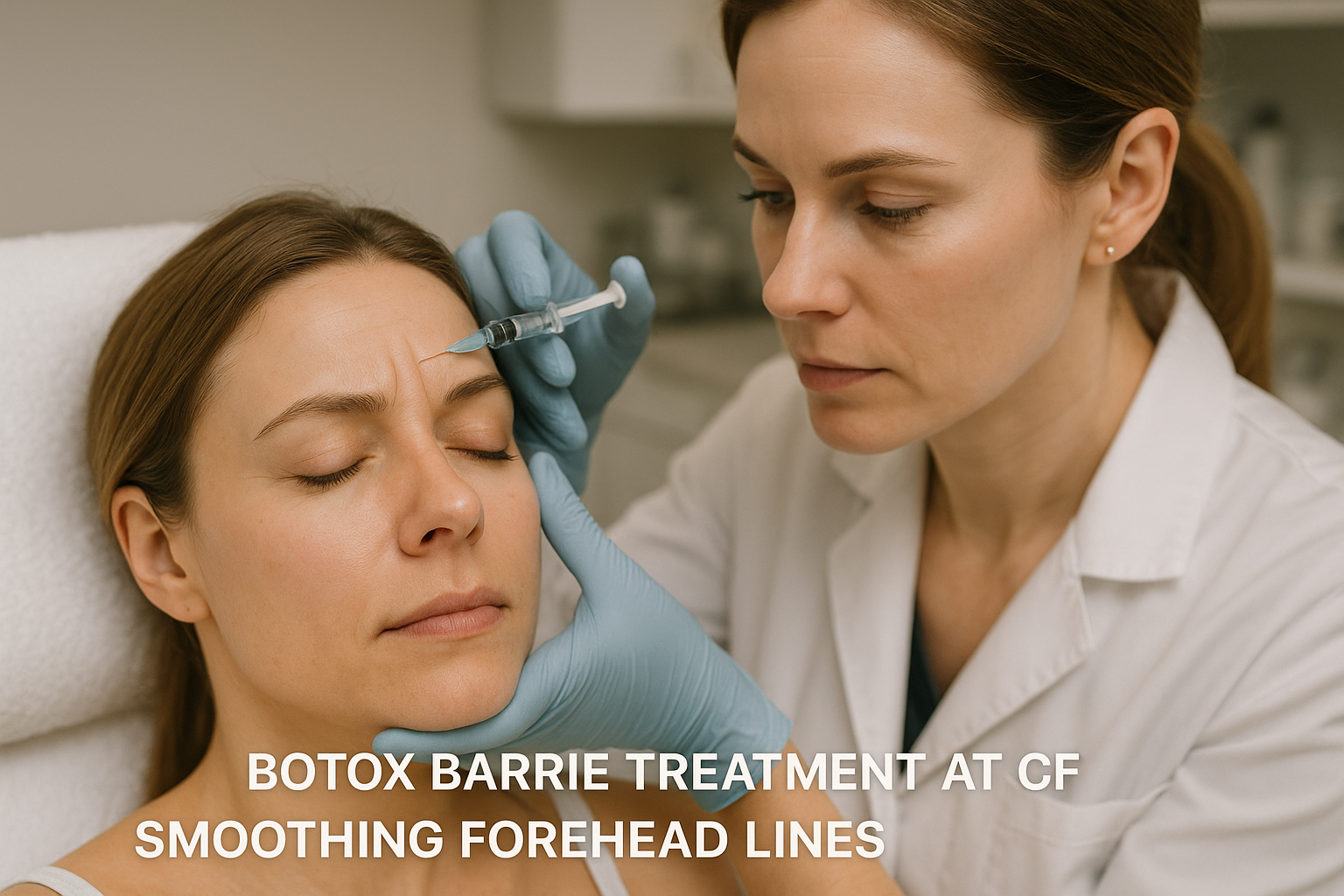 Female patient receiving Botox injection in Barrie medical spa. Alt: Botox Barrie treatment at certified clinic smoothing forehead lines.