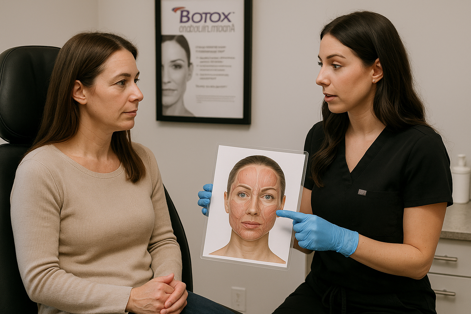 Botox consultation session in Barrie clinic with patient and injector discussing facial anatomy. Alt: Botox Barrie expert consultation for customized treatment plan.