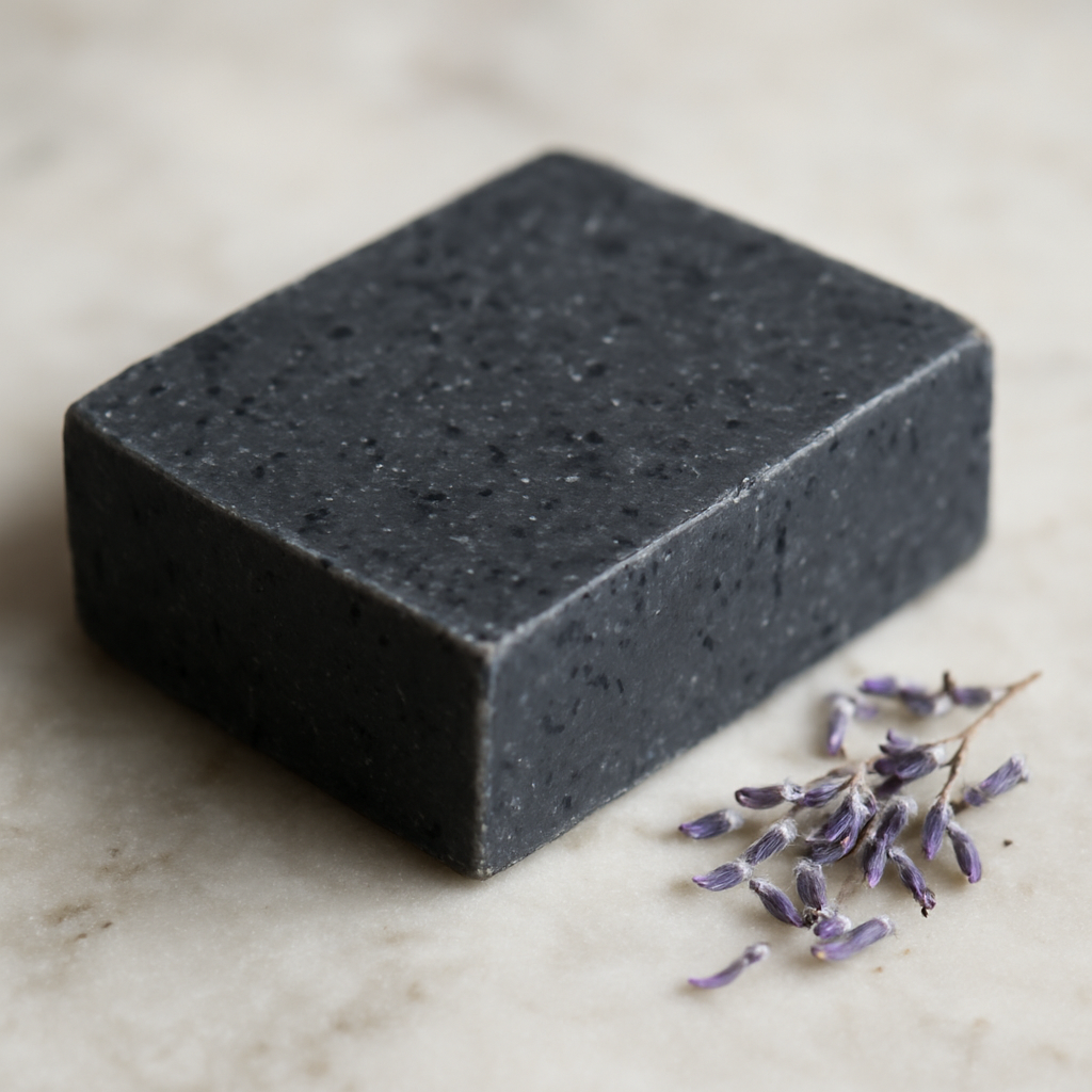 A close‑up of a handcrafted charcoal soap bar on a marble countertop, with soft lighting highlighting its dark specks and a hint of lavender petals nearby. Alt: charcoal soap bar for face, natural skincare, eco‑friendly soap.