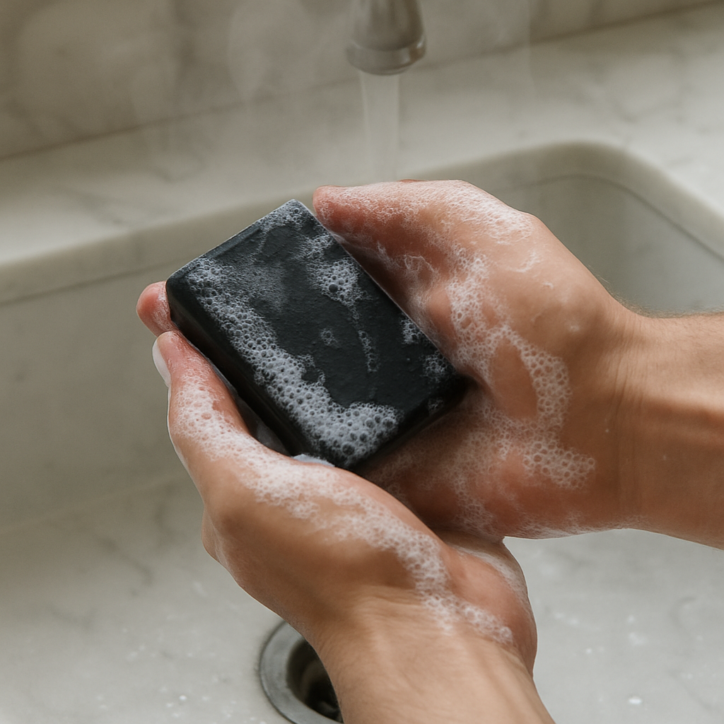 A close‑up of hands lathering a black charcoal soap bar on a clean marble sink, with steam rising softly. Alt: charcoal soap bar for face step‑by‑step routine visual guide.