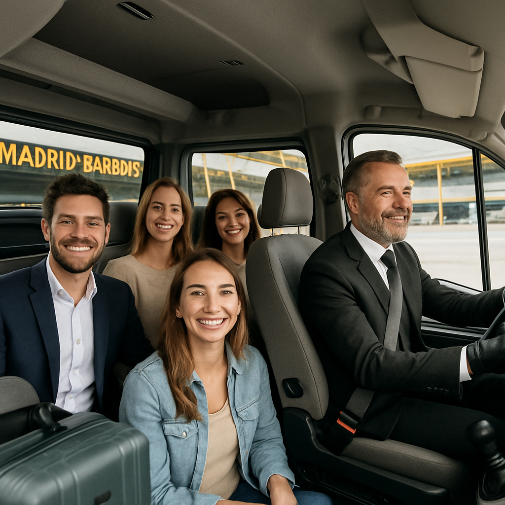 Chauffeur driven minibus with happy passengers arriving at Madrid Barajas airport, showcasing comfortable seating and luggage space. Alt: Chauffeur driven minibus hire Madrid Barajas airport with smiling group passengers enjoying their ride.