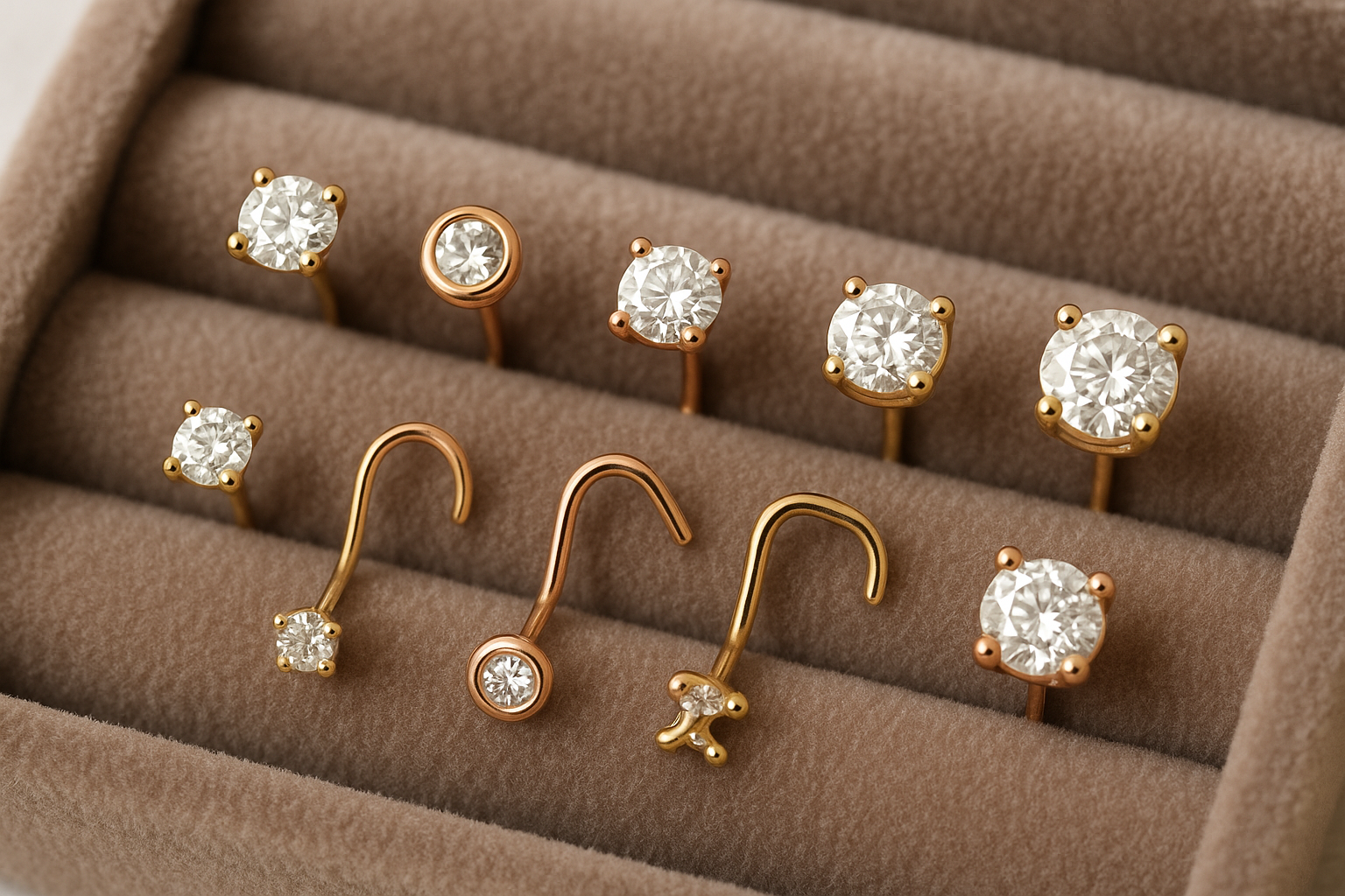 Various diamond nose stud styles displayed on a velvet jewelry holder. Alt: Collection of diamond nose studs in gold and rose gold settings.