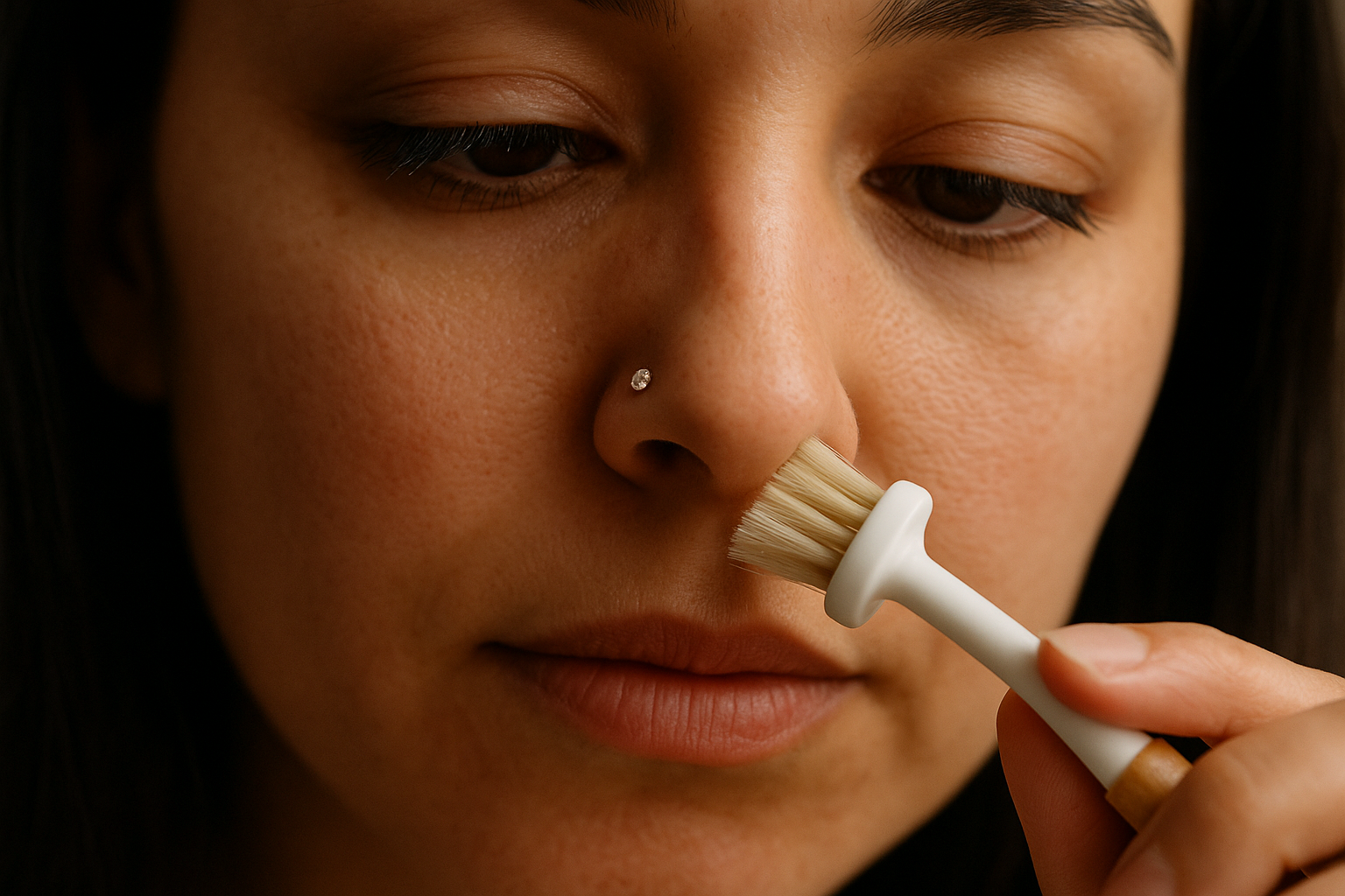 A woman gently cleaning her diamond nose stud with a soft brush. Alt: Careful cleaning of a diamond nose stud with soft brush.
