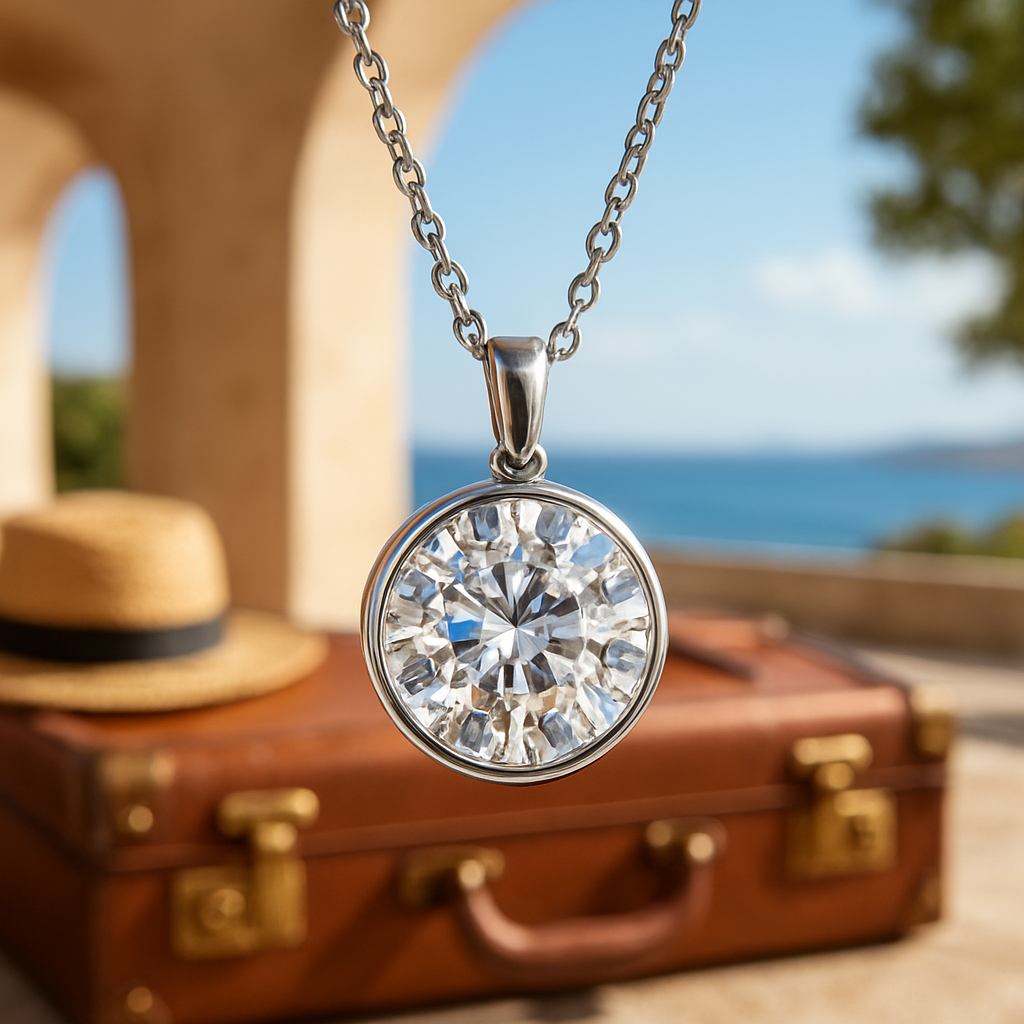 A photorealistic close-up of a Diamond Veneer pendant sparkling in natural daylight, highlighting the Diamond Veneer coating on a cubic zirconia, with a luxe travel backdrop in the background. Alt: Diamond veneer jewelry close-up in daylight.