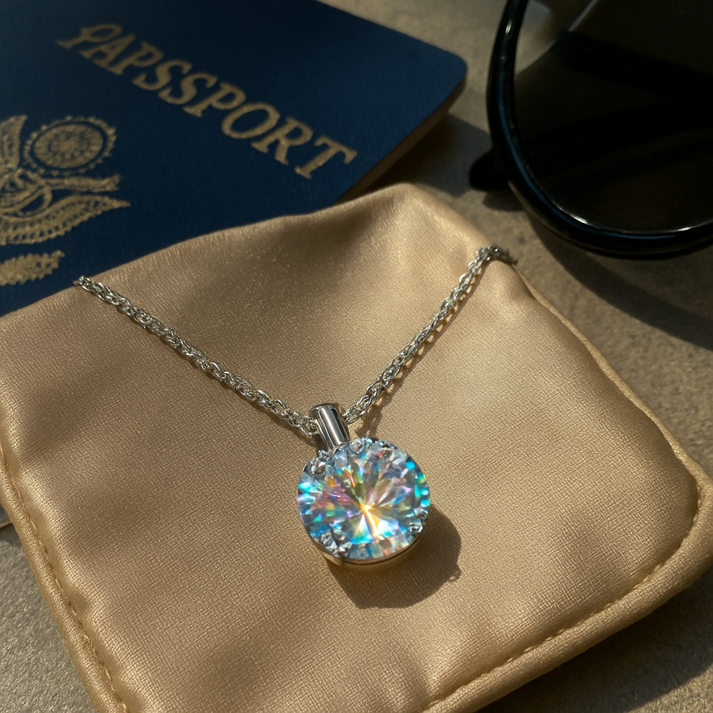 A photorealistic close‑up of a diamond veneer pendant resting on a silk travel pouch beside a passport and sunglasses, showing the rainbow fire of the coated stone in natural airport lighting. Alt: diamond veneer jewelry sparkling in travel setting.