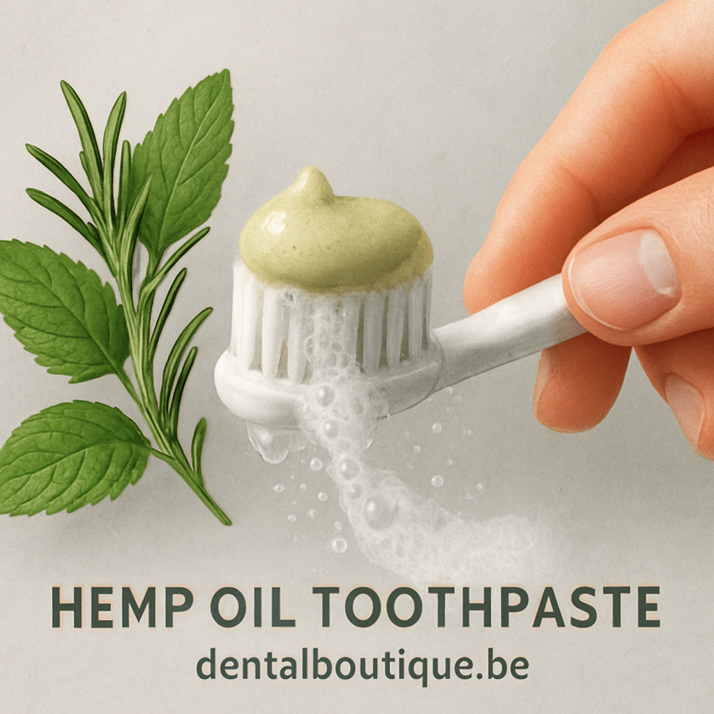 A close‑up of a hand holding a soft‑bristled toothbrush with a dab of hemp oil toothpaste, foam forming as it contacts water, fresh mint leaves and a sprig of rosemary beside the brush. Alt: hemp oil toothpaste brushing technique illustration.
