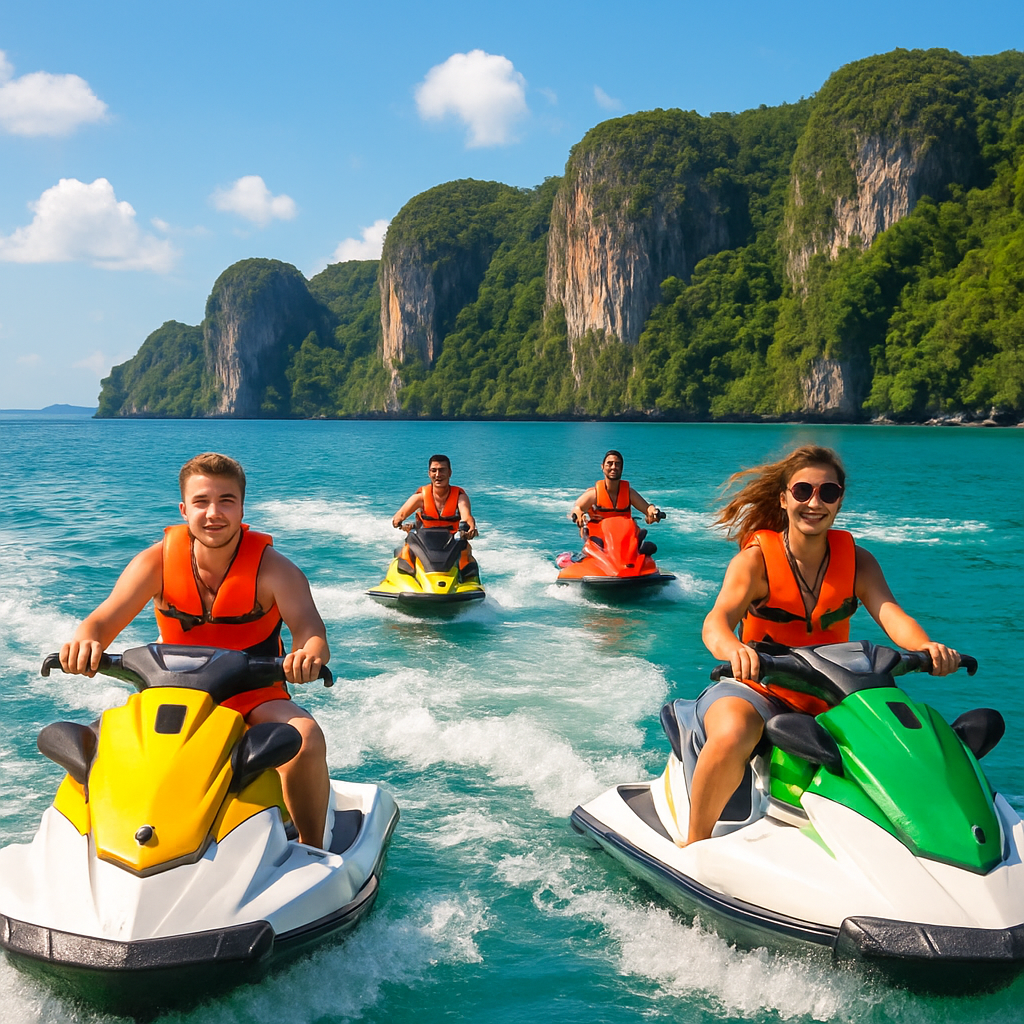A vibrant scene showing a group of happy riders on jet skis skimming turquoise waters near Phuket’s coastline, with lush island cliffs in the background. Alt: jet ski rental Phuket scenic waters with riders enjoying a sunny day.