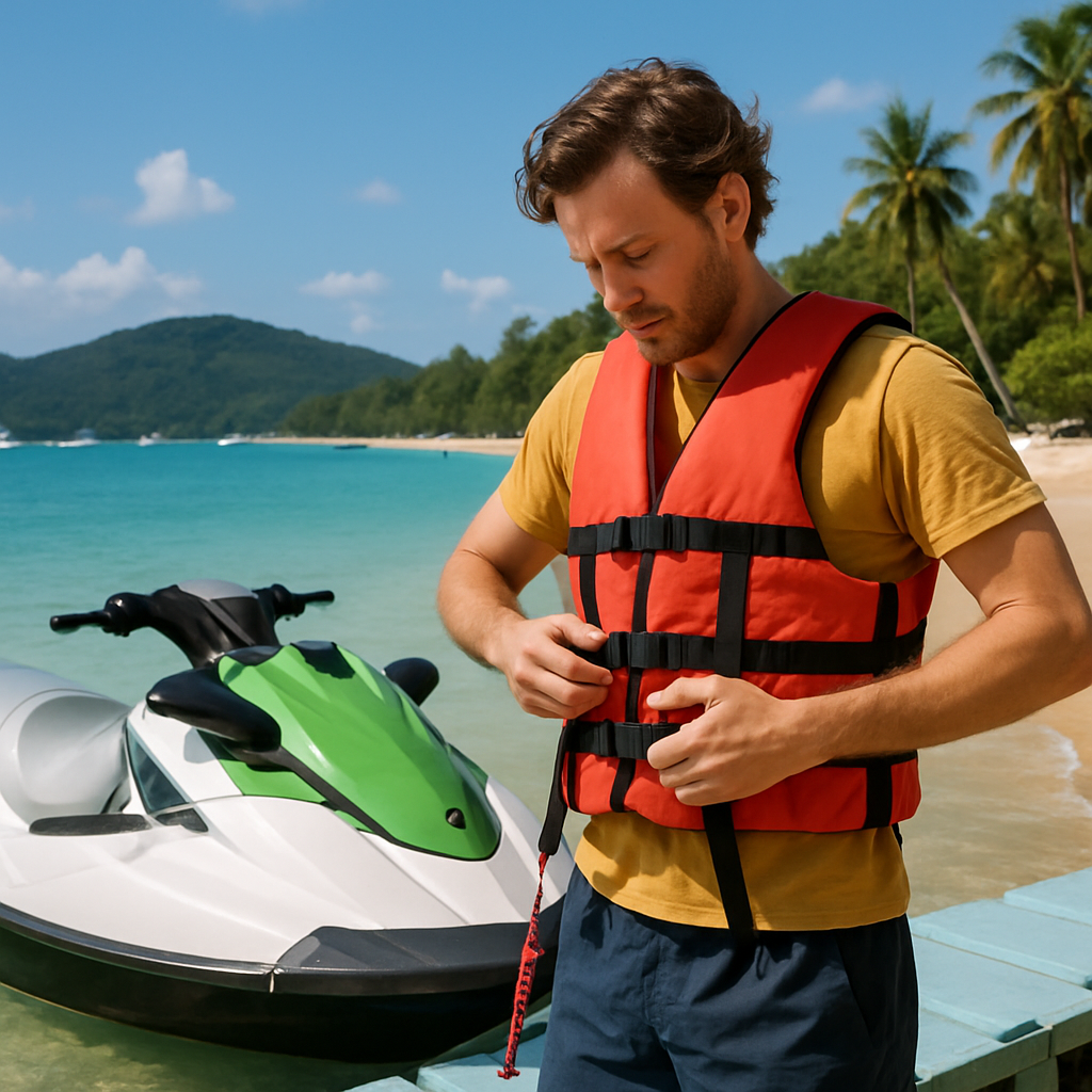 A sunny day on Phuket’s coast with a rider putting on a life jacket beside a docked jet ski. Alt: Jet ski rental Phuket safety gear preparation including life jacket and lanyard.