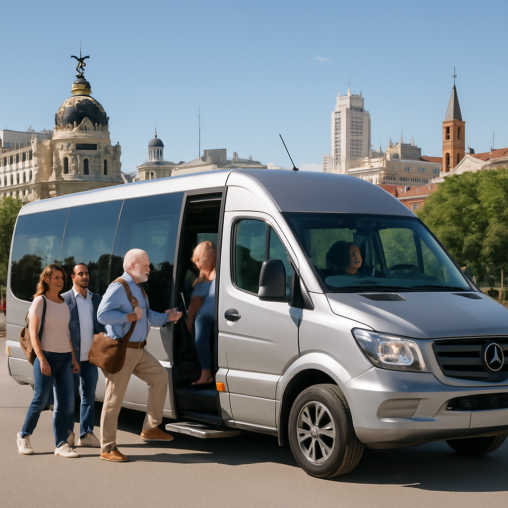 A shiny, comfortable minibus parked in front of Madrid’s cityscape with happy passengers boarding. Alt: Comfortable and affordable minibus hire Madrid with scenic city backdrop.