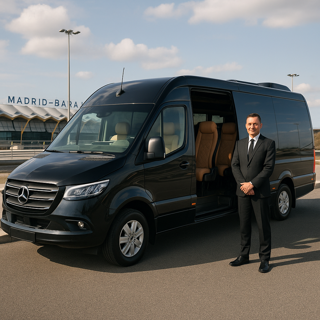 Comfortable luxury minibus parked near Madrid-Barajas airport with a professional driver ready to assist passengers. Alt: Minibus hire Madrid with driver serving airport transfers