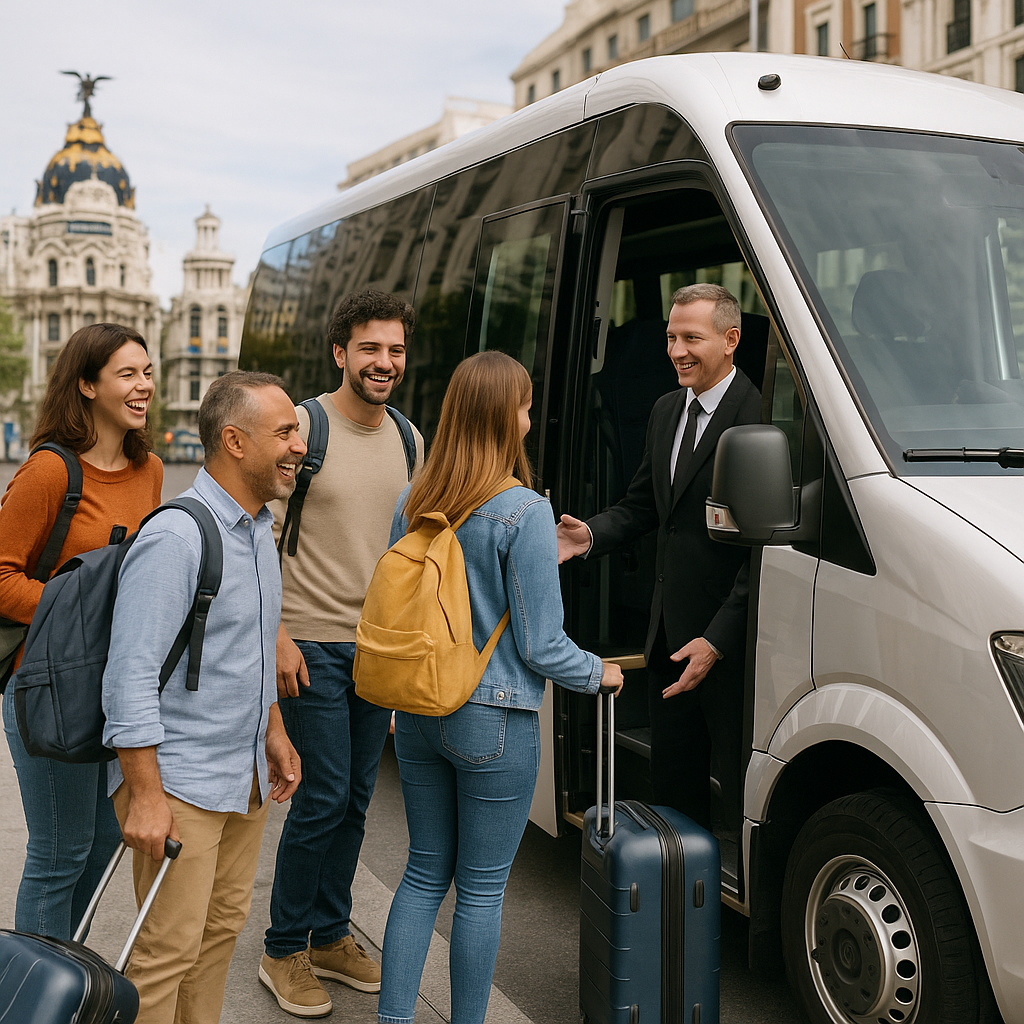 Group of happy travelers boarding a clean, modern minibus in central Madrid with driver assisting. Alt: Minibus hire Madrid with driver for group travel