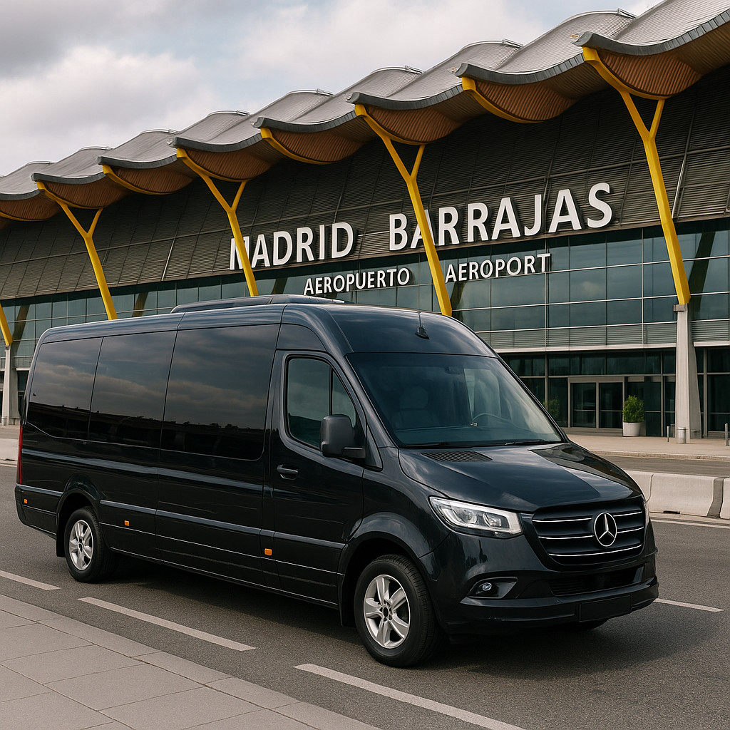 Private Transfer Bus Madrid Barajas Airport A modern luxury minibus parked at Madrid Barajas Airport, ready for private transfer. Alt: Private transfer bus Madrid Barajas airport comfortable luxury minibus