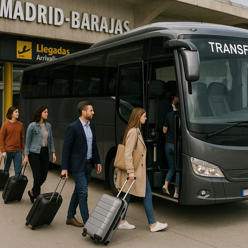 Private Transfer Bus Madrid Barajas Airport Passengers boarding a comfortable, private transfer bus at Madrid Barajas airport arrivals. Alt: private transfer bus Madrid Barajas airport passenger boarding