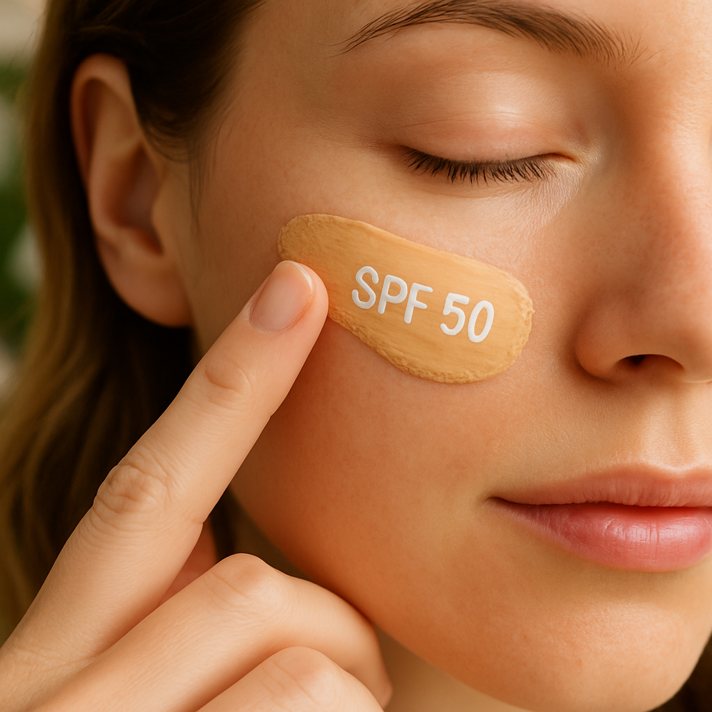 A close‑up of a hand applying a tinted SPF 50 cream to cheek, with soft natural light and a green plant backdrop. Alt: 