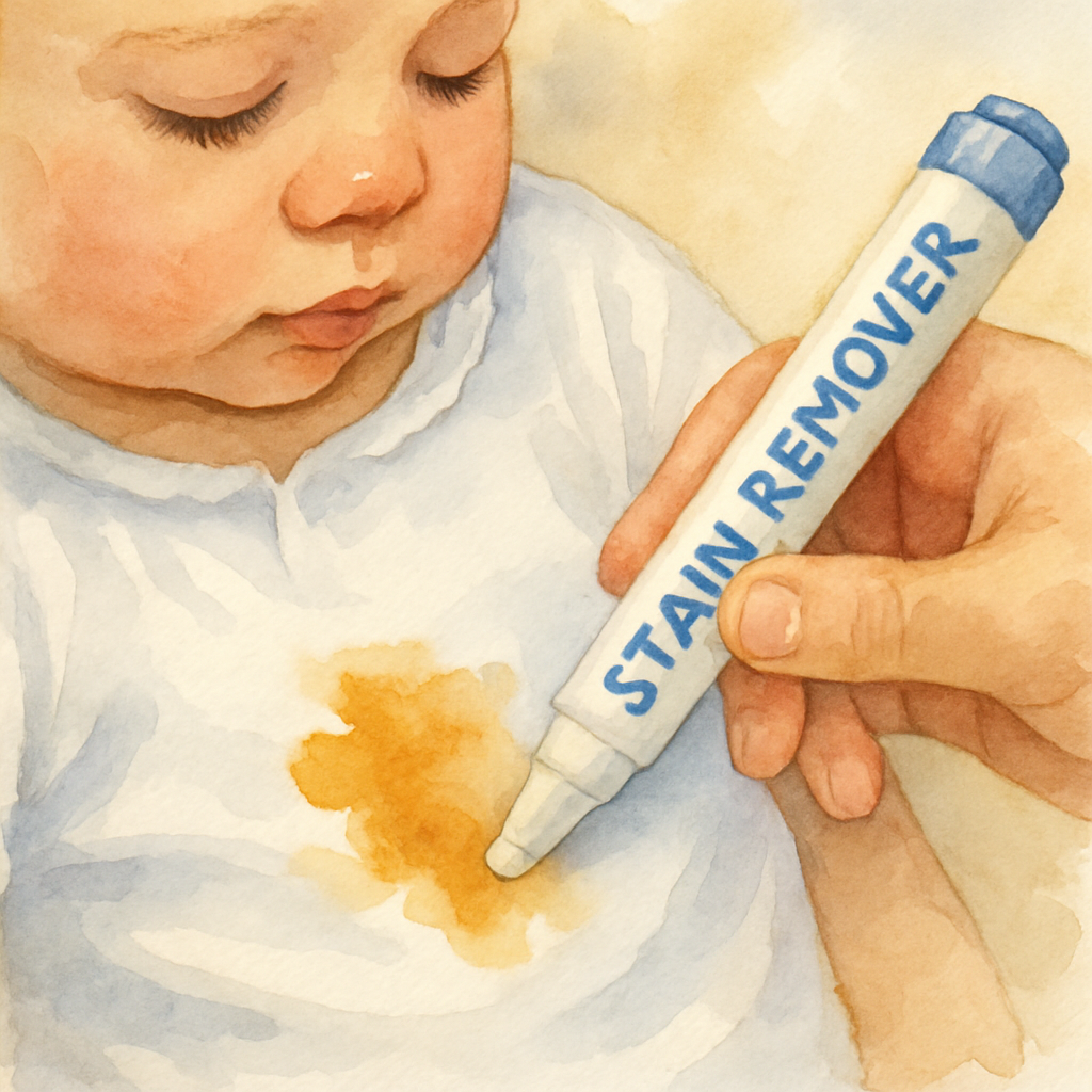 Close-up of a stain remover pen being applied to a baby’s white cotton shirt with a visible stain. Alt: Stain remover pen lifting a food stain from baby clothing quickly and effectively.