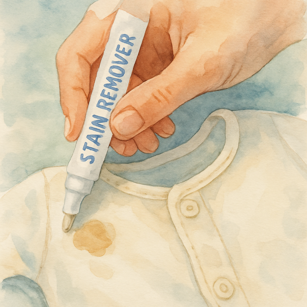 A close-up shot of a hand carefully applying a stain remover pen tip to a small stain on light-colored baby clothing. Alt: Applying stain remover pen gently on delicate baby fabric to remove stains effectively.