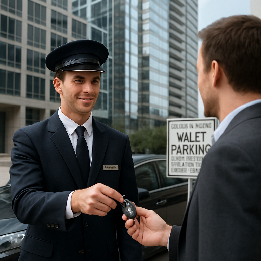 A photorealistic scene of a valet attendant in a crisp uniform handing a sleek sedan key to a guest in front of a modern Houston high‑rise, with a visible City of Houston valet permit sign in the background. Alt: valet parking Houston regulations and liability visual.