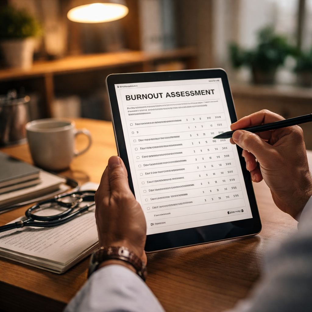 A cinematic scene of a clinician reviewing a validated burnout questionnaire on a tablet, with soft lighting and a calm office environment. Alt: evidence based burnout assessment for clinicians