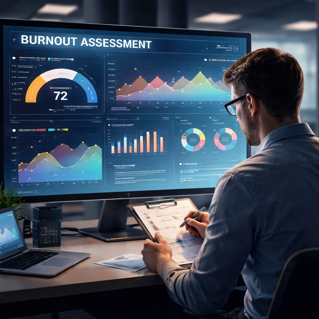 Cinematic illustration of a data analyst reviewing burnout score charts on a large screen, with bright graphs and calm lighting. Alt: evidence based burnout assessment for clinicians