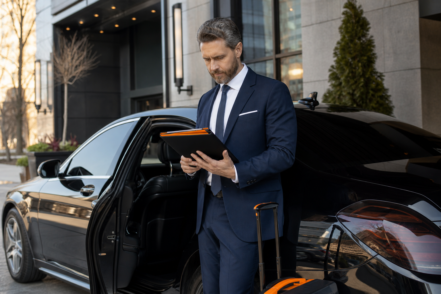 Executive traveler planning an executive car service airport transfer in Minneapolis.