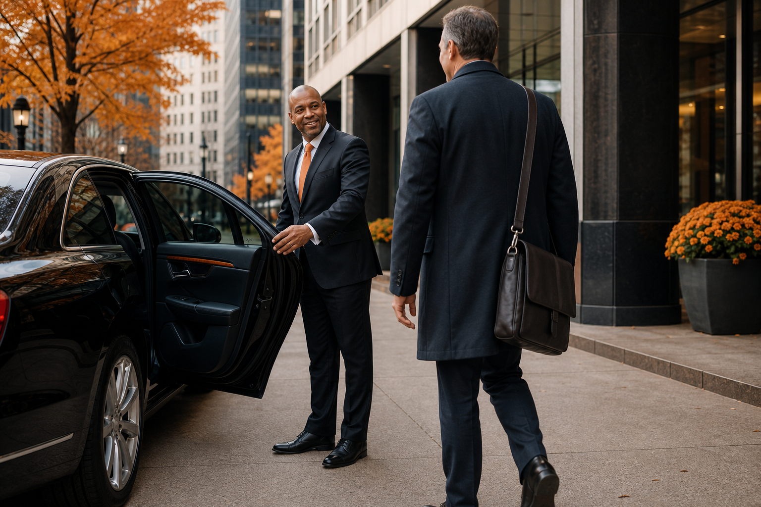 Chauffeur greeting a business traveler for a smooth executive car service ride.