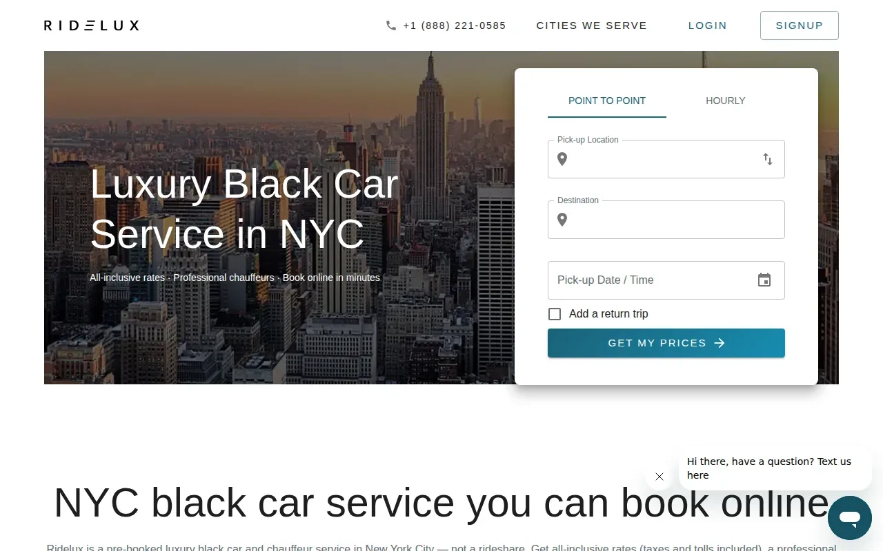 Screenshot of the Ridelux website