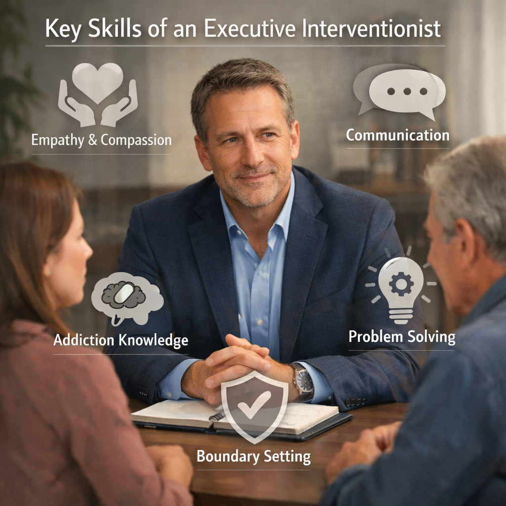 A photorealistic illustration of a professional seated at a table with a family, showing calm body language, a notebook, and a subtle infographic overlay of the five core skills. Alt: executive interventionist key skills illustration