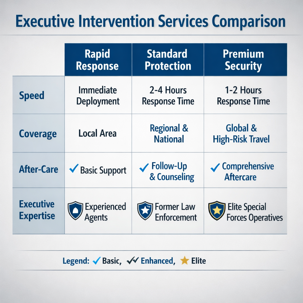 A clean, realistic infographic comparing three executive intervention services, showing columns for speed, coverage, after‑care, and executive expertise. Alt: executive intervention services comparison infographic