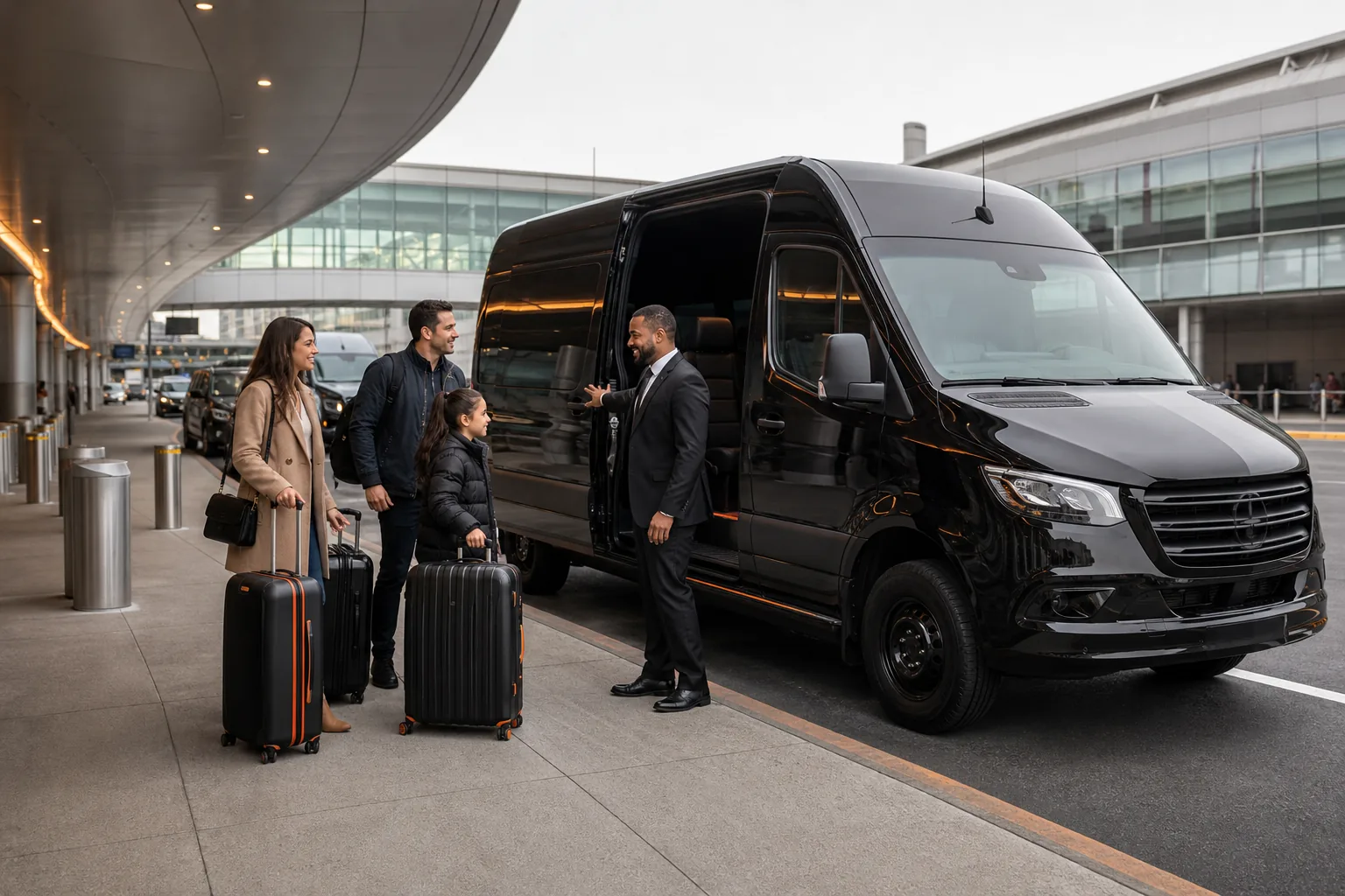 Chauffeured Sprinter van coordinating an NYC airport pickup and group luggage.