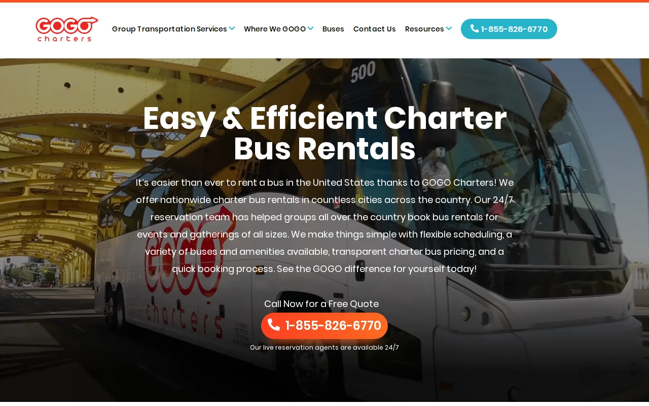 Screenshot of the GOGO Charters®: 24/7 Group Reservation Support website